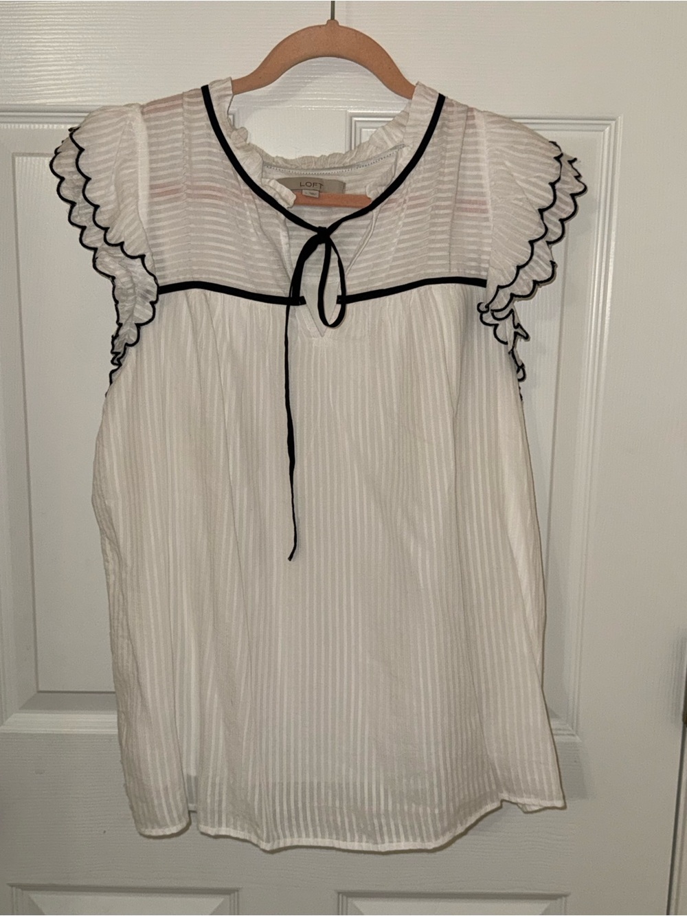 LOFT White Sleeveless Tie-Neck Blouse with Black Trim